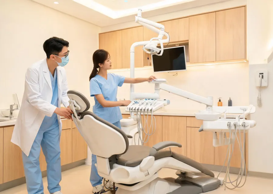 Dental team testing chair and delivery reach