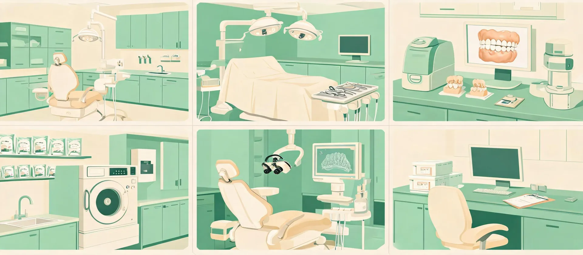 Illustrated dental care settings and equipment workflows